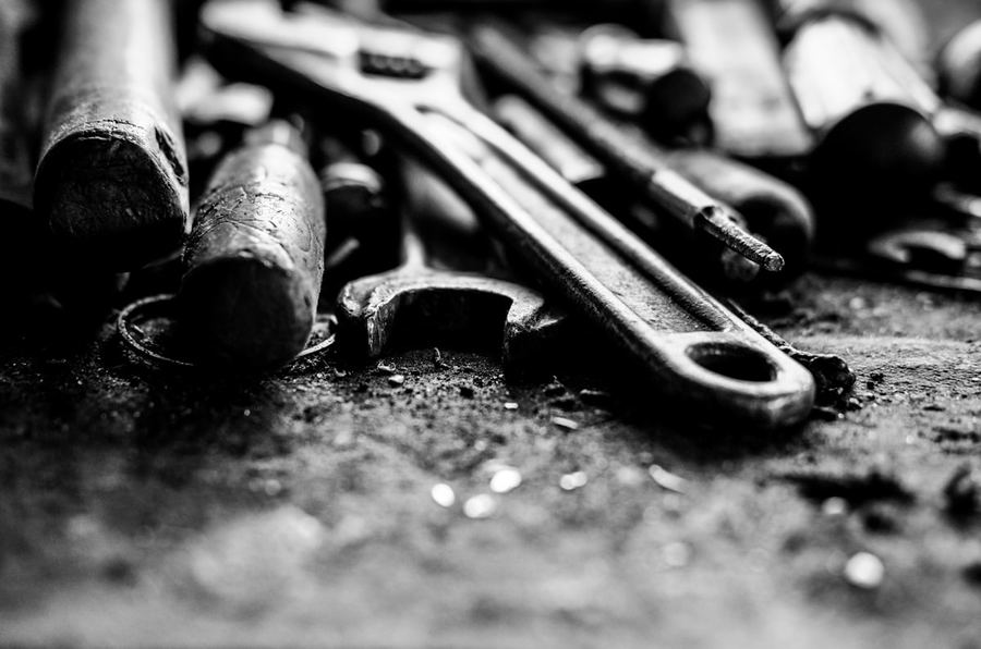 Clés à outils, gros plan noir et blanc